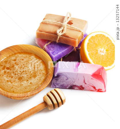 Spa setting with natural soap and sea salt 13257144