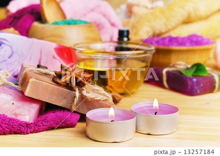 Spa setting with natural soap and sea salt 13257184