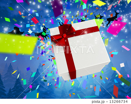 Composite image of santa flying his sleigh behind a big gift 13266734