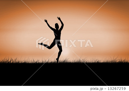 Composite image of fit brunette jumping and posing Composite image of fit brunette jumping and posing 13267259