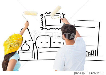 Composite image of happy young couple painting together Composite image of happy young couple painting together 13269498