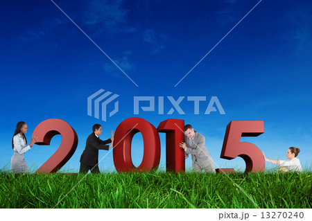 Composite image of portrait of a handsome businessman pushing a 13270240