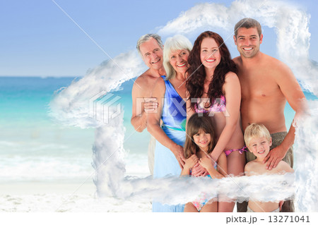 Composite image of portrait of a joyful family at the beach Composite image of portrait of a joyful family at the beach 13271041