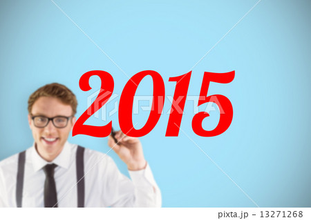Composite image of geeky businessman writing with marker 13271268