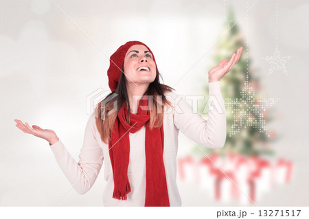 Composite image of surprised brunette with hands out Composite image of surprised brunette with hands out 13271517