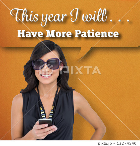 Composite image of happy brunette holding smartphone 13274540