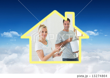 Composite image of couple with color swatches and ladder in a ne Composite image of couple with color swatches and ladder in a ne 13274864