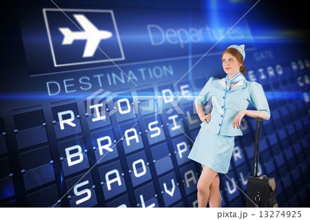 Composite image of pretty air hostess leaning on suitcase 13274925
