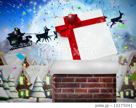 Composite image of santa flying his sleigh behind chimney Composite image of santa flying his sleigh behind chimney 13275041