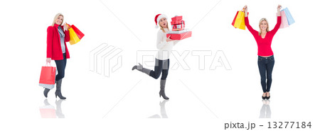 Composite image of happy blonde holding shopping bags Composite image of happy blonde holding shopping bags 13277184