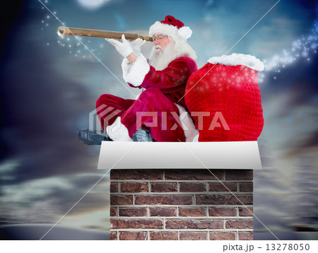 Composite image of santa claus looking through telescope 13278050