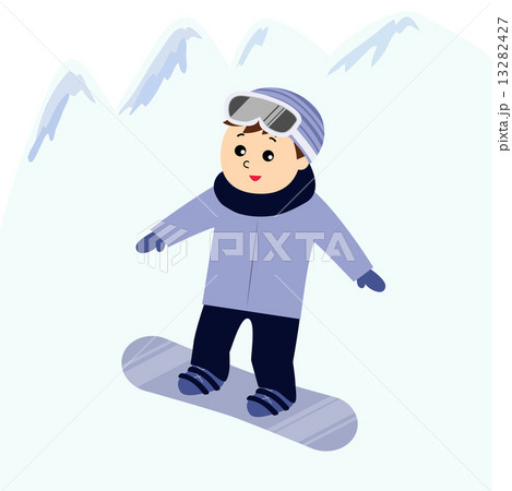 スノーボードをする男の子 雪山バックのイラスト素材