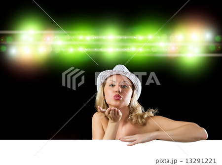 young attractive woman in bikini holding banner young attractive woman in bikini holding banner 13291221
