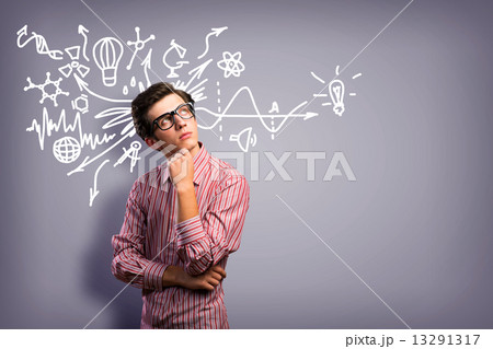 young man scientist with glasses thinking young man scientist with glasses thinking 13291317