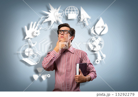 young man scientist with glasses thinking 13292279