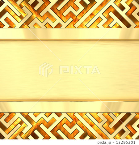 Blank golden plate on maze background with flame 13295201