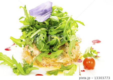 salad with shrimp and arugula on a white background in the restaurant 13303773