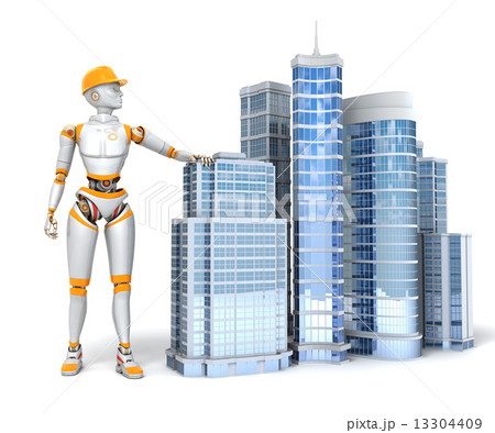 Android and office buildings on white background 13304409