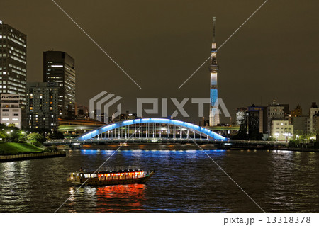 隅田川の屋形船とライトアップのスカイツリーと永代橋 13318378