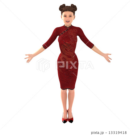 赤いチャイナドレスを着た女性　３DCG　イラスト素材　春節イメージ 13319418