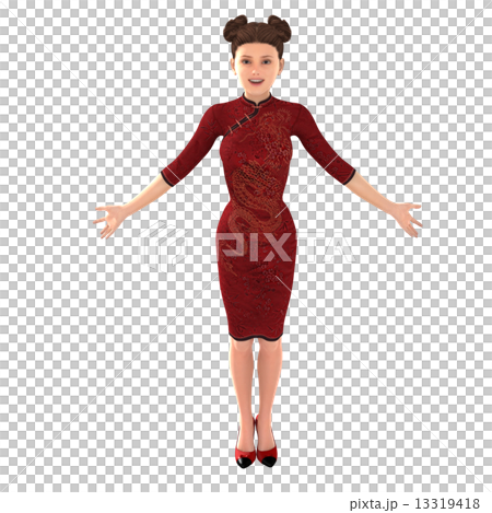 赤いチャイナドレスを着た女性　３DCG　イラスト素材　春節イメージ 13319418