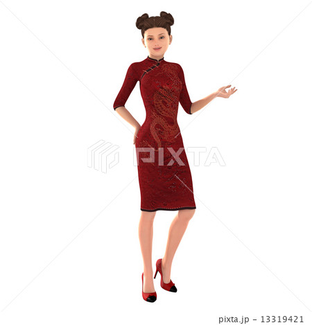 赤いチャイナドレスを着た女性　３DCG　イラスト素材　春節イメージ 13319421