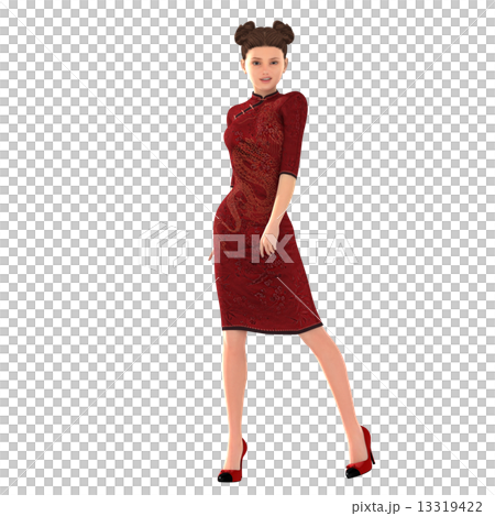 赤いチャイナドレスを着た女性　３DCG　イラスト素材　春節イメージ 13319422