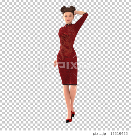 穿紅色瓷禮服3DCG例證材料春季圖像的女性 13319423