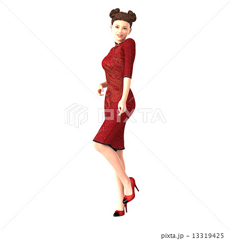 赤いチャイナドレスを着た女性　３DCG　イラスト素材　春節イメージ 13319425