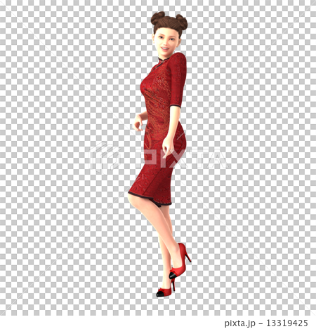 赤いチャイナドレスを着た女性　３DCG　イラスト素材　春節イメージ 13319425
