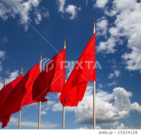 Red flags on the Tiananmen Square -- is a large city square in the center of Beijing, China 13324128