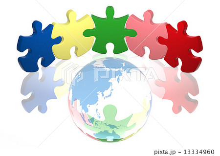 Five Puzzle Pieces And The Earth Stock Illustration
