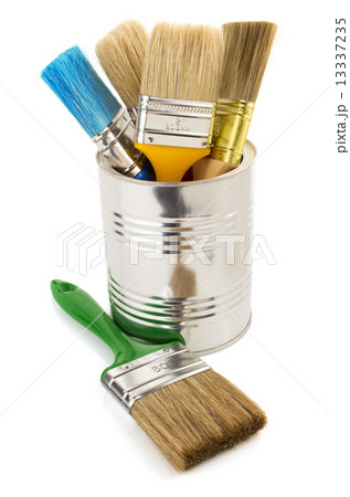 paint bucket and paintbrush on white 13337235
