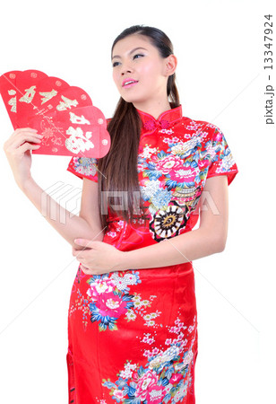 Traditional Chinese Woman Showing Hand Greeting Gesture Traditional Chinese Woman Showing Hand Greeting Gesture 13347924