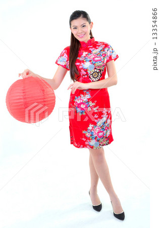 Traditional Chinese Woman holding Tanglung with Good Fortune  13354866