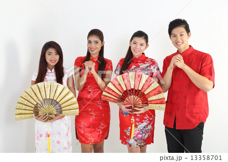 Man woman Chinese gift fan hand gesture CNY 13358701