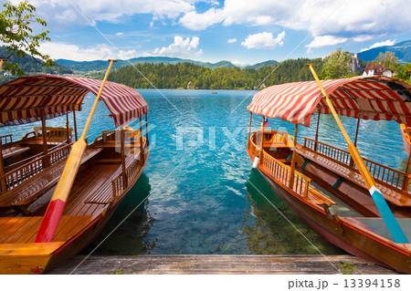 Traditional wooden boats on lake Bled, Slovenia. Traditional wooden boats on lake Bled, Slovenia. 13394158