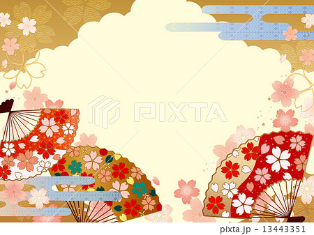背景素材 ヨコ 和 桜 扇のイラスト素材