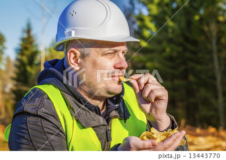 Lumberjack with potato chips in the forest  13443770