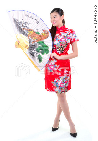 Chinese traditional woman holding chinese fan 13447575