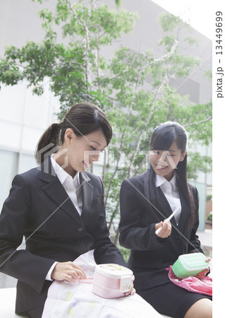 お弁当を食べながら会話するビジネスウーマン お弁当を食べながら会話するビジネスウーマン 13449699