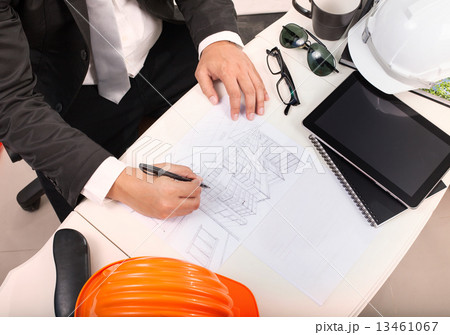 top view of architect working table with drawing perspective bui 13461067