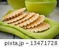 Waffles on a green table napkin closeup 13471728