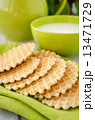 Waffles on a green table napkin closeup 13471729
