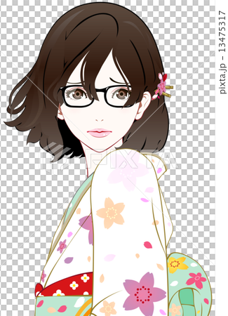 女性の着物イラスト 木製フレーム 鏡 眼鏡の着物女性 風 困り顔のイラスト素材 [13475317] - PIXTA