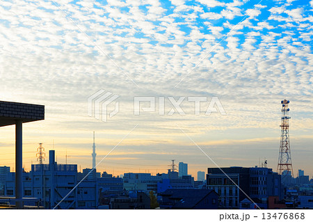 青空にうろこ雲が広がる早朝の下町と東京スカイツリー 13476868