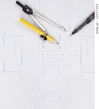 compass and writing pen on architect plan compass and writing pen on architect plan 13477163