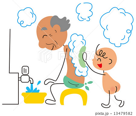 祖父の背中を洗う孫のイラスト素材