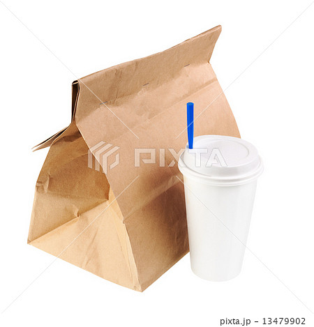 Recycle paper bag and cup of coffee or tea isolated on white bac 13479902
