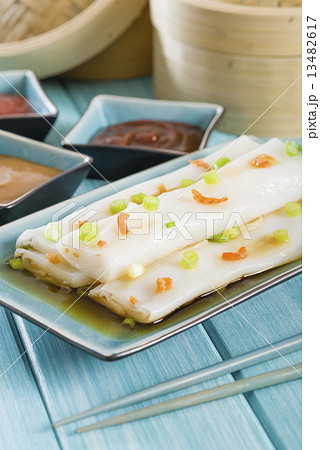 Cheong Fun - Chinese steamed rice rolls with shrimp & scallions Cheong Fun - Chinese steamed rice rolls with shrimp & scallions 13482617